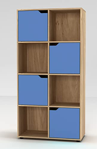 URBNLIVING 8 Cube Bookcase 4 Blue Door Display Shelf Storage Cupboard Living Room Shelving (Oak)