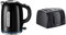 Russell Hobbs 20462 Quiet Boil Kettle, Black & 21651 Textures 4-Slice Toaster 21651-Black, Plastic, Black