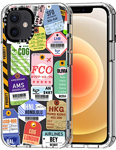MOSNOVO für iPhone 12 / iPhone 12 Pro Hülle – Durchsichtige, schlanke, stoßfeste TPU+PC-Handyhülle, [6,6 Fuß Fallschutz/Anti-Abziehen] - Flugticket-Etiketten