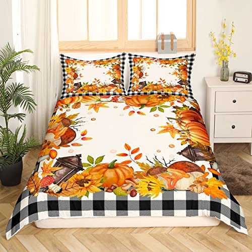 Buffalo Plaid Pumpkins Mushrooms Bettwäsche Set 135 x 200 Vintage Herbst Ernte Bettbezug für Schlafzimmer Herbst Ahornblätter Sonnenblume Bettbezug Thanksgiving Geschenke Bett Set Orange Schwarz Weiß