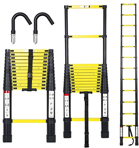 Joparri Scala telescopica in alluminio con gancio rimovibile 3,8 m, allungabile, in alluminio, antiscivolo, portata 150 kg, colore nero e giallo