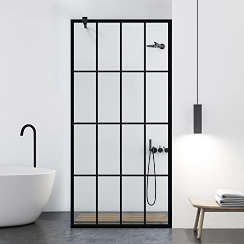 Aqua Roy Schwarz, Modell Rank Schwarz, Größe 80 cm ab 70/80/90/100/110/120, Walk in Duschwand 8mm Klarglas mit NANO-beschichtetem sandgestrahltem Muster (80x195cm)