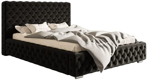 MOTIVENA Diana Chesterfield Polsterbett 140x200 mit Bettkasten, Chesterfield Bett 140x200 mit Stauraum, Bett Kopfteil Samt, ohne Matratze, Bett Samt, Polsterbett 140x200 Schwarz