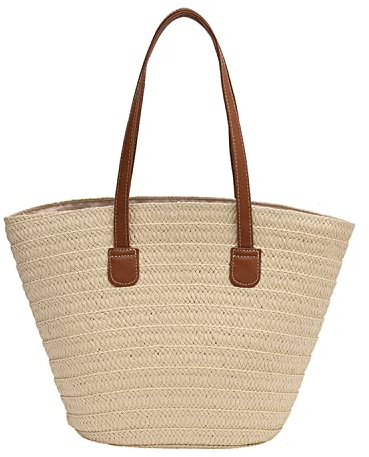 HACLEN Cabas Paille, Panier de Plage, Grand Sac de Plage, Panier Osier Anse, Sac en Paille à Une épaule, Sac de Plage Femme-beige