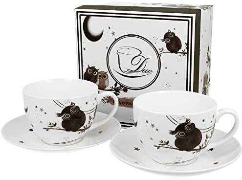 MamboCat Charming Owls Tassen-Set für 2 Personen I 200ml I 2X Tasse mit Untertasse aus Porzellan mit Geschenkverpackung I Becher für Tee, Kaffee, Kakao & Co I Geschirr-Set mit Eulen-Motiv
