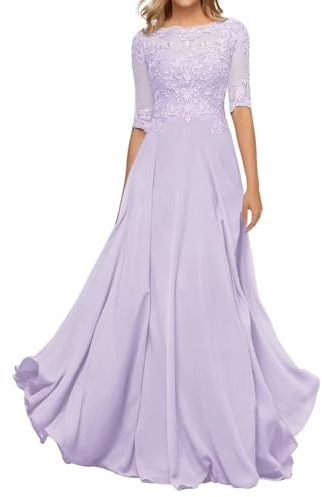 HYEC7 Women's Lace Appliques Mother of The Bride Dresses 3/4 Sleeve Long Formal Evening Dresses A Line Prom Dress Lavender