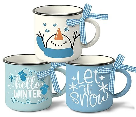 Paayna Mini-Kaffeetassen-Set mit Aufschrift Hello Winter Snowman, 3 Stück, Let It Snow Glove Schneeflocke, Mini-Kaffeetassen, gestufte Tablett-Dekoration, Blau, Weihnachten, Urlaub, saisonale Küche,