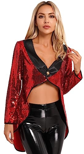 inlzdz Damen Pailletten Zauberer Frack Jacke Smoking Oberbekleidung Frauen Roter Damenfrack Halloween Verkleiden Zirkus Kostüm Rot XL