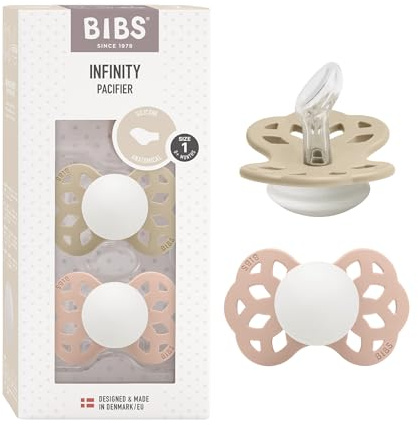 BIBS Infinity Glow Anatomical Schnuller 2er-Pack, BPA-frei. Leuchtet im Dunkeln, Kiefergerechte Form. Silikon, Hergestellt in Dänemark, Größe 1 (0-6 Monate), Vanilla Glow/Blush Glow