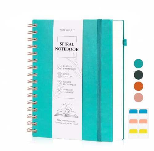 Notizbuch A5 Liniert, Hardcover Journal Notizblock Mit 100 GSM Dickes Papier, 320 Seiten, Ledereinband Spiralblock Notizbücher Mit Innentasche Und Stifthalter, Für Schule Reisen Büro Notizen, Türkis