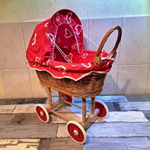 Puppenwagen, Kinderwagen aus Korbweide mit Bettdecke und Kopfkissen - rot - 46 x 30 x 56 cm