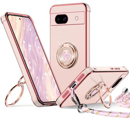 XYZ Coque pour Google Pixel 8A 5G, avec Double Anneau de Support Cœur, avec Lanière pour Filles et Femmes, Coque de Protection Luxe Mignonne et Scintillante pour Pixel 8A 5G, Rose