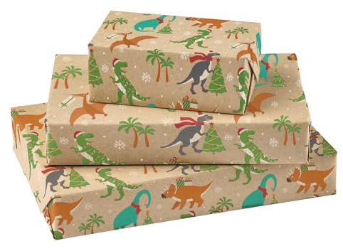 RUSPEPA Weihnachts-Geschenkpapierrolle aus Kraftpapier – Weihnachts-Dinosaurier-Design für Weihnachtsgeschenkverpackung – 43,2 cm x 10 m
