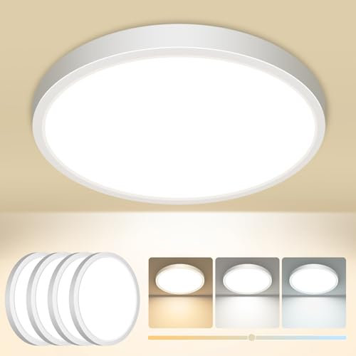 Slochi 4Stück Deckenlampe LED Deckenleuchte Flach, 3Farben 3000K/4000K/6500K, IP44 Wasserfest Rund Badlampe Decke, 12W 1600LM Modern LED Lampen für küche Badezimmer Schlafzimmer Flur Wohnzimmer, Ø16CM