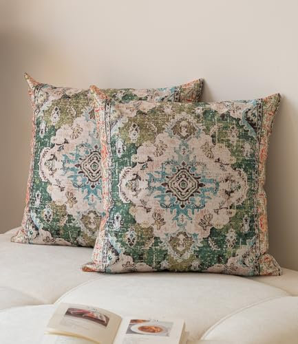Vorysum 2er Set Kissenbezug 45x45 cm Grün Boho Kissenbezüge Abstrakte Deko Kissen Vintage Kissenhülle Doppelseitiges Muster Dekorative Samt Kissen für Garten Sofa Bett Kissenhüllen