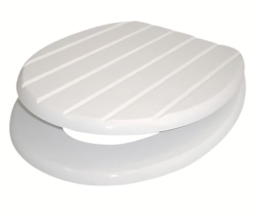 18'' MDF Universal Oval Toilet Seat, Stainless Steel Hinges | Adjustable Seat, Anti-Slip, Easy to Clean | Ideal for Bathroom and En-Suite Use (White Stripes)