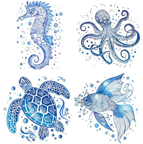 GORGECRAFT 4Stk 16cm Fensteraufkleber Mit Meerestieren Kunststoff PVC Sommer/Ozean Motive Schildkröten Fische Seepferdchen Tintenfisch Doppelseitig Für Zuhause Fenster Türen Dekoration Unter Dem Meer