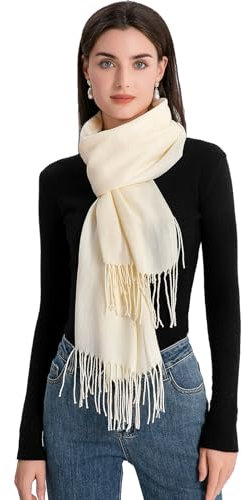Durio Schal Damen Herbst Winter Lange Winterschal für Damen und Herren Warmer Damenschal mit Fransen Sahneweiß