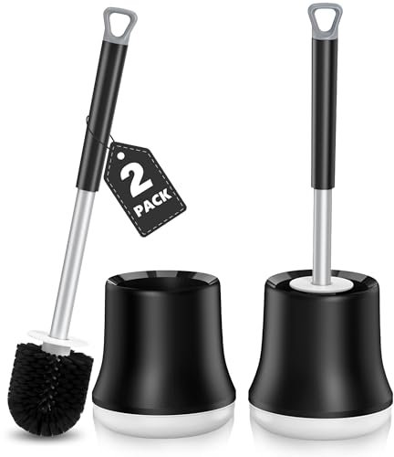 2 PACK Enspoway Toilet Brushes & Holders for Bathroom, Deep Cleaner Toilet Bowl Brush with Quick Drying Holder Soft Flexible Bristles, Toilet Cleaning Brush with Stainless Steel Handle, Black