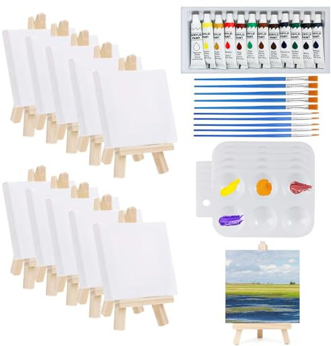 47 Stück Mini Leinwand mit Staffelei, Tischstaffelei Set, Leinwand 10x10cm mit 12 Farbige Acrylfarben, Pinsel, Rechteckige Palette Zum Zeichnen, Malen, Desktop-Kunsthandwerk, Künstler