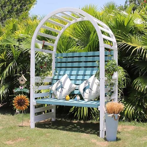 FQMYLTYN Holzbank für den Außenbereich mit Dach, Gartentorbogen Pergola Spalier, 2-Personen Hofbank mit Rückenlehne, für Park, Garten, Terrasse, Party, Rasen, Hinterhof(Blue)
