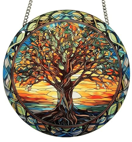HWOLPEMS Baum des Lebens gebeiztes Acryl-Fensterpaneel, rundes Hängeornament für Schlafzimmer, Veranda, Büro, Garten (C)