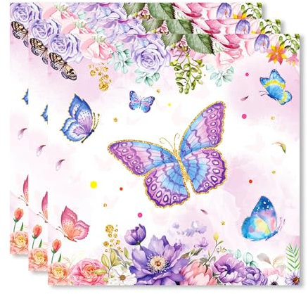ParPix 24 Stück Lila Servietten Schmetterling, 33x33cm Schmetterling Servietten, Frühling Servietten Geburtstag Mädchen, Schmetterling Geburtstag Servietten, Blumen Frühling Tischdeko Papierservietten