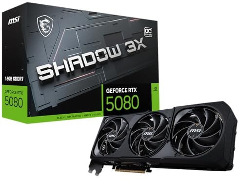 MSI Gaming RTX 5080 16G Shadow 3X OC Graphics Card (16GB GDDR7, 256-bit, Extreme Clock TBD MHz, DisplayPort x 3 2.1a, HDMI 2.1b, NVIDIA Blackwell Architecture)