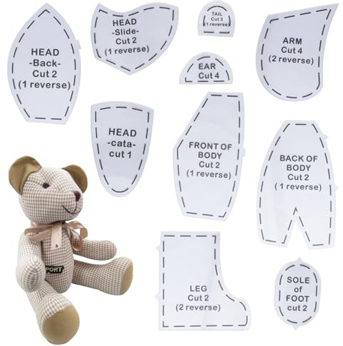 KASESSS 10 Stück Erinnerungsbär Schablone Lineal Set, 10 Zoll Memory Bear Schablonen Lineal Set, Bear Nähset, Anfänger DIY Acryl Vorlagen zum Zuschneiden von Stoffvorlagen mit Anleitung Craft Projekte