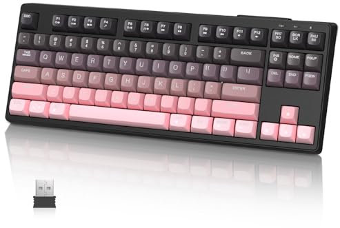 MAMBASNAKE M87 TKL 87 Keys - Dual Mode Wireless Gaming Keyboard, Bluetooth/2.4Ghz, PBT Ball Keycap, 4000mAh Battery, Mixed Color Rainbow Backlit Membrane Keyboard with Mechanical Feeling-Pink