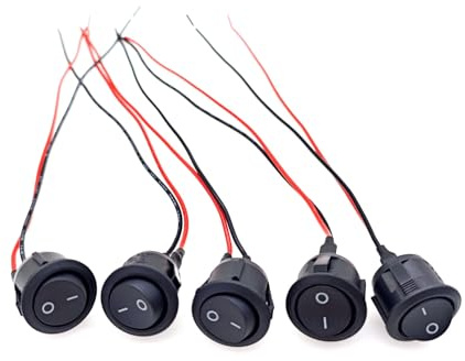 JZK 5 Stück AC 6A 250V 10A 125V SPST 2 Wippschalter EIN/AUS KCD1, runder EIN AUS Netzschalter für Auto, Boot, Motorrad, Wohnwagen, Ein/Aus, mit 20 cm vorgelöteten Drähten