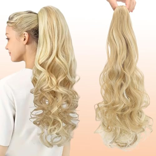Webshaiy Ponytail Extension Pferdeschwanz Haarteil, Lange Wellig Pferdeschwanz Zopf Extension Synthetik Haarverlängerung Claw Clip in Haarteil Ponytail für Damen 55cm Sandy Blonde & Bleach Blonde