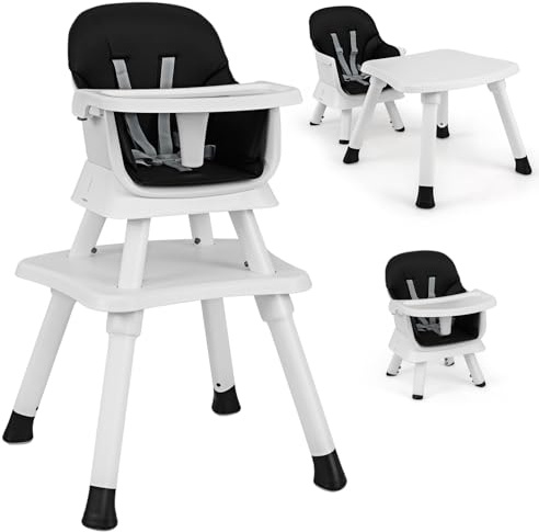 DREAMADE Hochstuhl mit Tisch, 6 in 1 Kinderhochstuhl mit Tablett & 5-Punkt Sicherheitsgurt, Babystuhl mit Abnehmbarem Kissen, Essstuhl Baby 7-36 Monate bis 25 KG (Schwarz)
