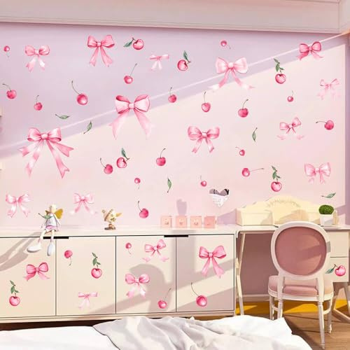 Vomika 48PCS Pink Bow Wall Decals, Watercolor Coquette Cherry Wall Stickers | Light Pink Bow Knot Wall Art Decor, Bowtie Fruit Vinyl Wallpaper, for Nursery Bedroom Room Decor Girls Party Supplies