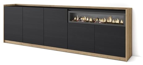 Skraut Home | Sideboard, Highboard | Kommode, Komodenschrank | 260x80x37 cm | 5 Türen | Elektrokamin. | Moderner Stil | Schwarz Eiche