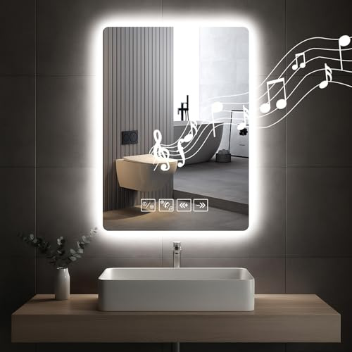 Worshow Bathroom Mirror with LED Lights and Bluetooth, 70×50 cm Wall-Mounted Vanity Mirrors, LED Illuminated Backlit Mirror with Anti-Fog, 3 Colour Dimmable, Time, Memory Function, IP44 Makeup-Mirror