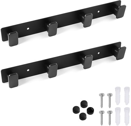2 Pack Wall Mounted Coat Hooks, Black Coat Rack Towel Hook with 4 Hooks | Metal + ABS, Rounded Hooks, Wide Spacing, Bathroom Safe, Easy Screw Installation, For Coats, Towels, Bags, Hats