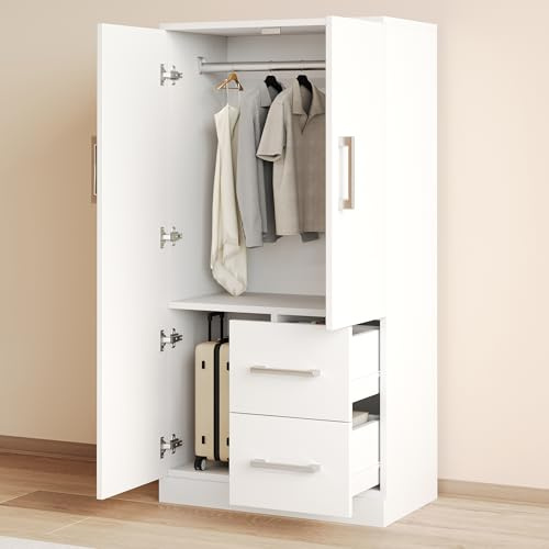 Merax Kleiderschrank 70x40x135 cm, Kinderkleiderschrank mit Doppeltüren, Schubladen und Staufächern, flexibel platzierbar für Hochbetten, langlebige Materialien, weiß