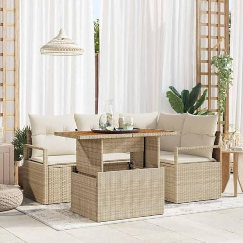 Yunovire Garten Essgruppe mit Kissen, 5-teilig, Beige/Creme, Poly Rattan, Akazienholz, Eckbank, Couch, Tisch, für Außenbereich, Balkon, Terrasse