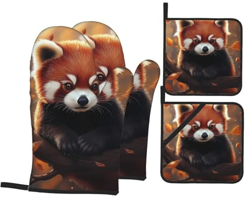 Red Panda Autumn Branches 4 Piece Oven Mitts And Pot Holders Set – Heat Resistant Waterproof Kitchen Gloves, Hot Pads With Pocket