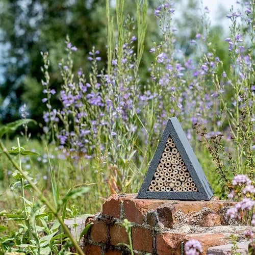 CJ Wildlife Insektenhotel – Wildbienenhotel, Bienenhotel – Holzbeton Woodstone mit Bambusröhrchen – Insektenhaus für Solitärbienen – 10 Jahre Garantie