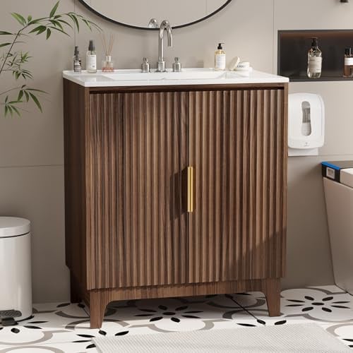 Bonnlo 30 inch Bathroom Vanity Unit with Basin, Under Sink Bathroom Cabinet with Slatted Door, Walnut Finish Vanity Unit with Ceramic Sink for Family Bathroom