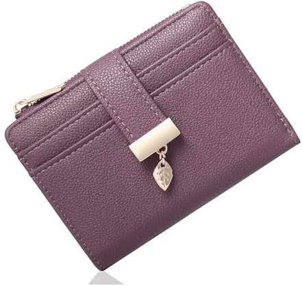Pomelo Best Women's RFID Wallet - Vegan Leather Bi-fold Small Ladies Purse with Zipper Coin Pocket & ID Window - Leaf Charm Compact Wallet for Women (Deep Plum)
