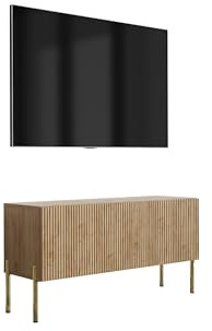 3E 3xE living.com TV-Schrank mit geriffelter Front, Eiche Craft, gerade goldene Beine, 100 × 32 × 52 cm