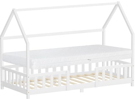 ML-Design Kinderbett Hausbett 90x200 cm mit Matratze H:16cm, Rausfallschutz, Dach & Lattenrost, Weiß, Bettgestell aus Kiefernholz, Montessori Bodenbett, Jugendbett Holzbett, Bett für Mädchen & Jungen
