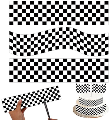 3pcs Edible Racing Car Checkered Cake Border Strips | 2 Sizes Straight & Bend Glutinous Rice Paper Side Topper Edible Decorations for Race Car Print Image Cakes Wrap Decor