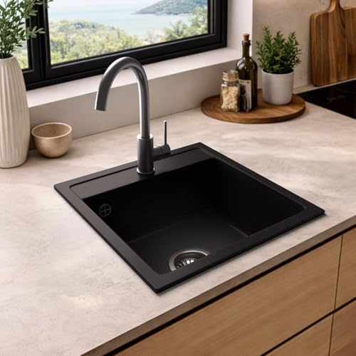ANGEBOT: LINDBERGH® 44x44 Granit Spüle + kompl. Siphon, Einbauspüle Küchenspüle Spülbecken - Verbundstoffe MADE IN GERMANY (1. LUX11 Schwarz)