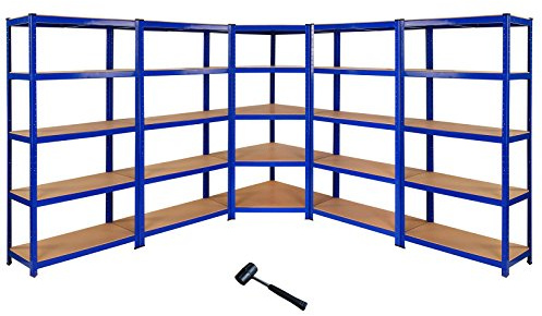 1 x Corner Garage Racking Unit & 4 x Single Racking Storage Units / 5 T-Rax Blue Steel & MDF Shelves / 6925kg capacity / 265kg per shelf/Free Rubber Mallet