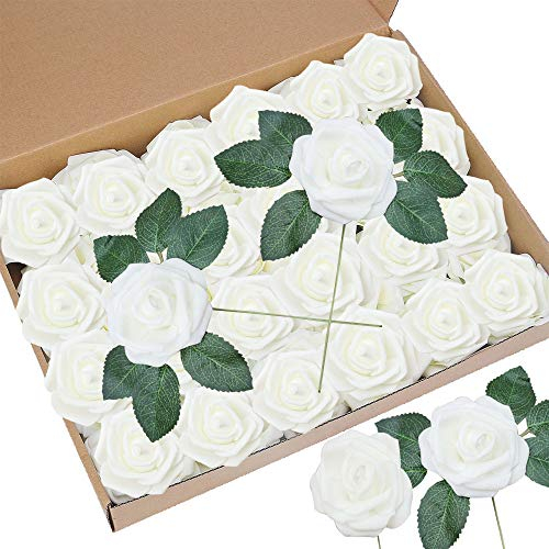 Bodosac Awtlife Lot de 50 Roses artificielles avec 15 Feuilles artificielles pour Bouquets de Mariage, fête prénatale, décoration d'intérieur