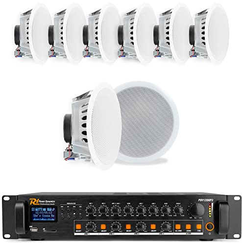 Power Dynamics Zonen Verstärker mit 8 Stück 100V-Lautsprecher und 4-Zonen-Bluetooth, USB, FM-Verstärker